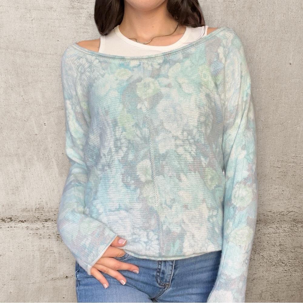 Free People Wool Blend Blue Floral Off Shoulder Sweater Coquette Size Small